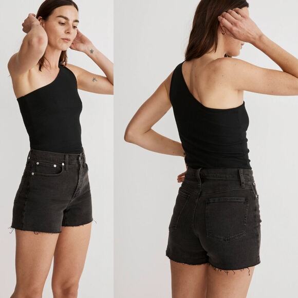 Madewell High Rise Denim Shorts Lunar Wash Black Stretch Raw Hem Distressed 26 - Picture 1 of 7